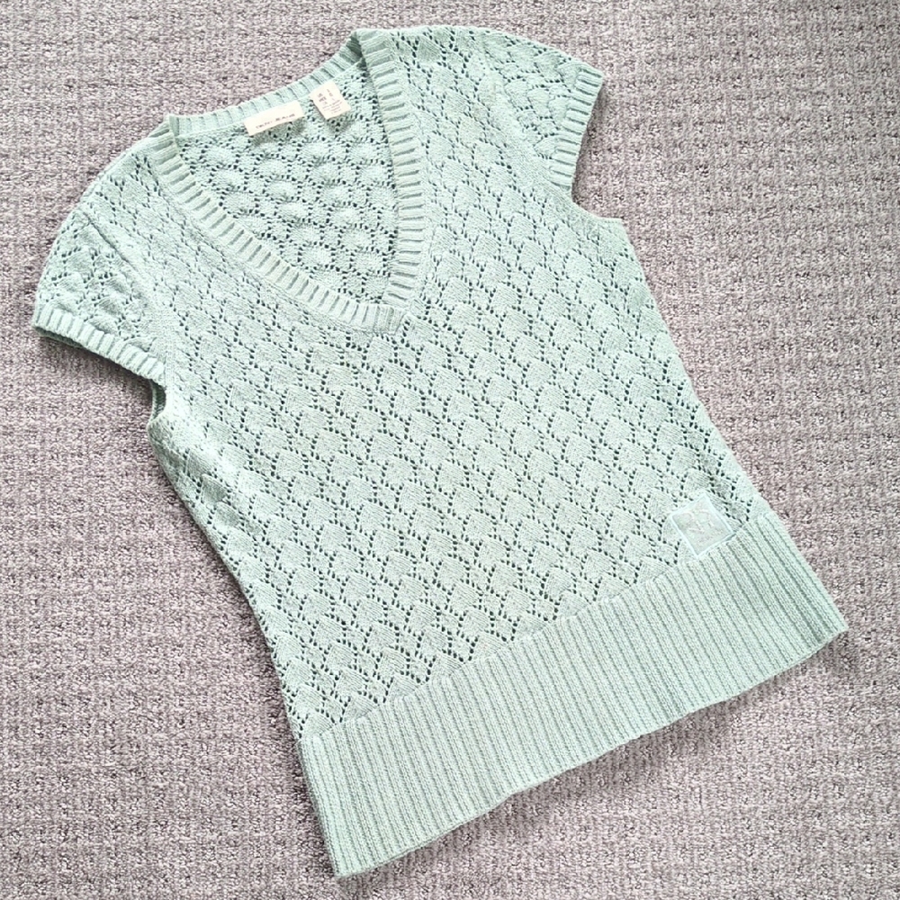 Y2K DKNY Longline Mint Green Crochet Cotton Capsleeve Sweater, Size L
